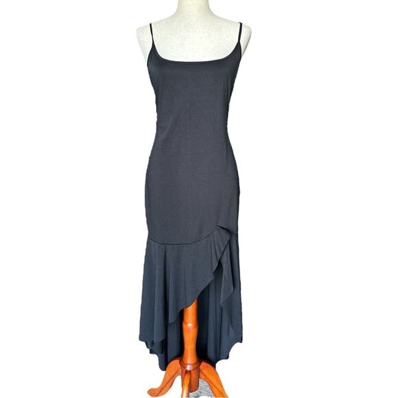 Spaghetti Strap Dress Black Asymmetrical Ruffle Hem High Slit Maxi Dress XL - Picture 3 of 11